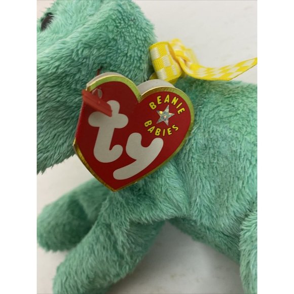 Ty Beanie Baby DIDDLEY Green Dog Yellow Bow Retired - Picture 8 of 13